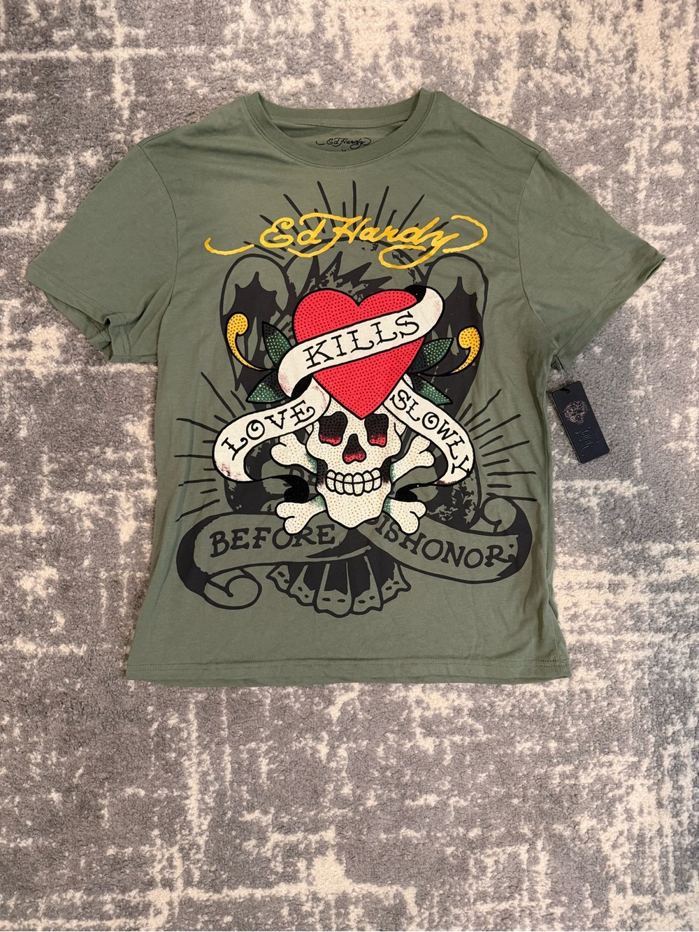 NWT Ed Hardy Olive Green Tee with Skull Graphic & Rhinestones